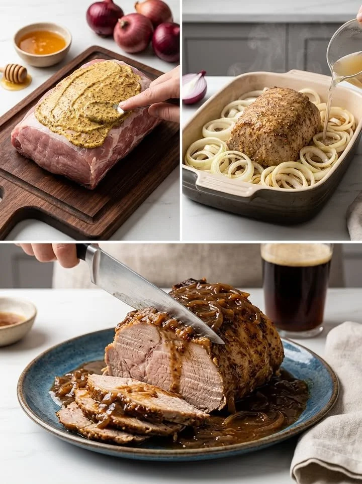 Leckeres Honig-Senf-Zwiebelbraten Gericht im Teller serviert