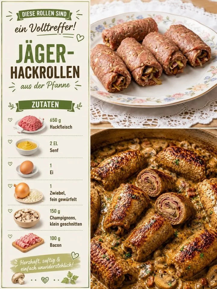 Leckere Jäger-Hackrollen frisch aus der Pfanne serviert