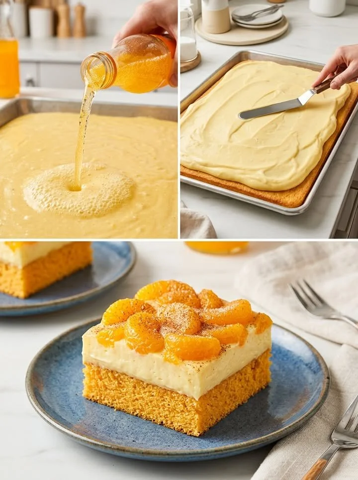 Saftiger Fanta-Kuchen mit Mandarinen und Paradiescreme auf einem Teller