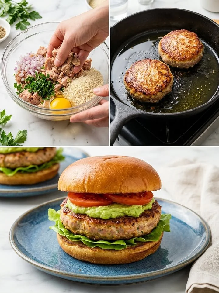 Saftiger Tuna Burger mit cremiger Avocado und frischem Gemüse