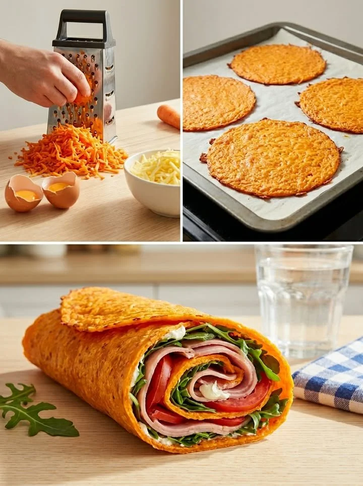 Karotten-Tortillas auf einem Holzbrett mit frischen Zutaten