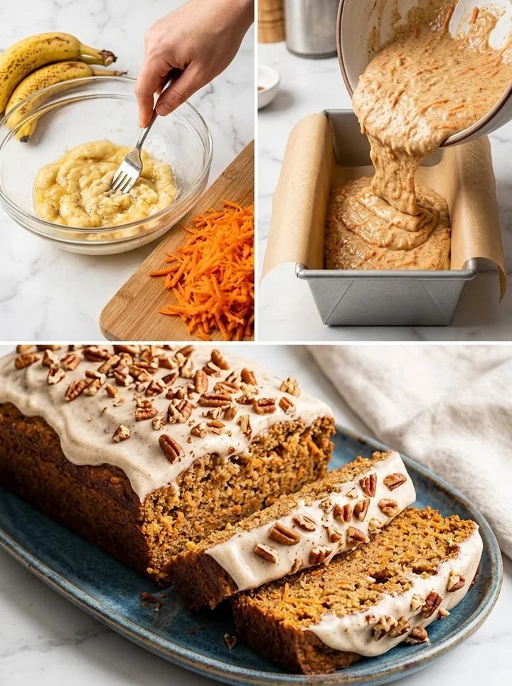 Karottenkuchen-Bananenbrot mit saftigen Karotten und reifen Bananen in einer Kaffeetasse.