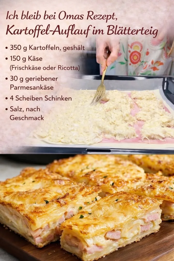 Köstlicher Kartoffel-Auflauf im Blätterteig auf einem Teller serviert.