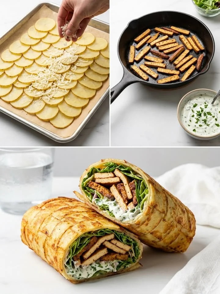 Veganer Kartoffel-Hack mit Smoky Tofu auf einem Teller serviert.