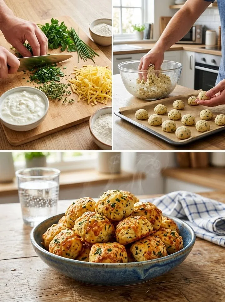 Leckere Käse-Kräuter-Bällchen auf einem Teller, perfekt für Snacks und Partys.