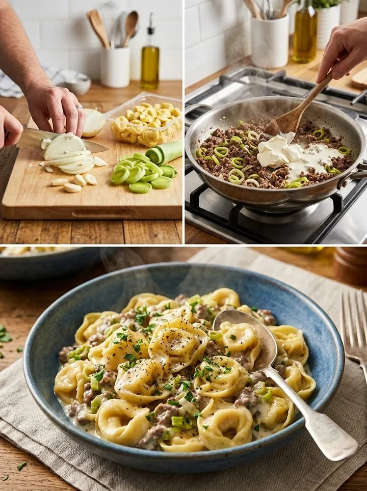 Käse-Lauch-Tortellini mit Hackfleisch auf einem Teller serviert