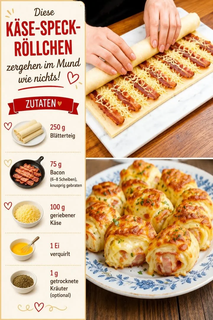 Käse-Speck-Röllchen auf einem Teller, perfekt als Snack für Feiern
