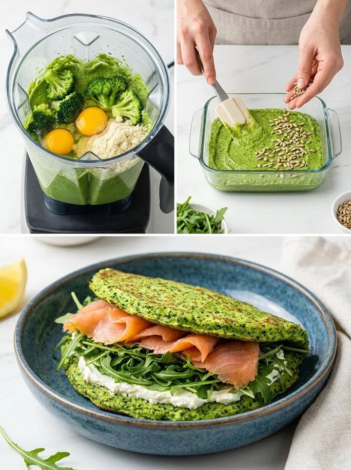 Keto-Brokkoli-Sandwich mit Lachs auf einem Teller