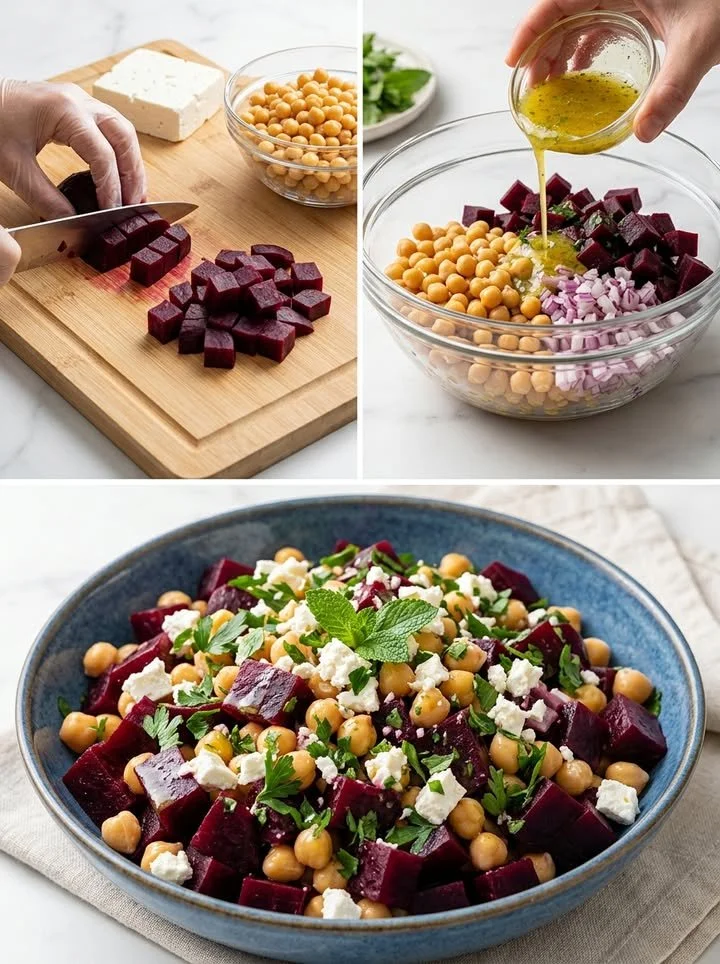 Kichererbsen-Rote-Bete-Salat mit Feta auf einem Teller