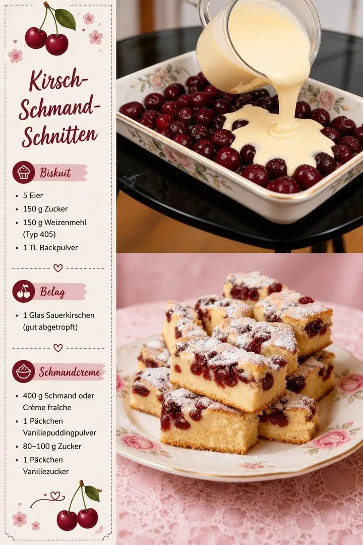 Kirsch-Schmand-Schnitten mit frischen Kirschen und cremigem Schmand