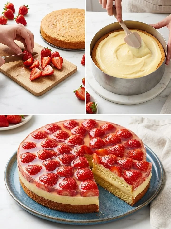 Klassischer Erdbeerkuchen mit Pudding-Schicht auf einem Teller.