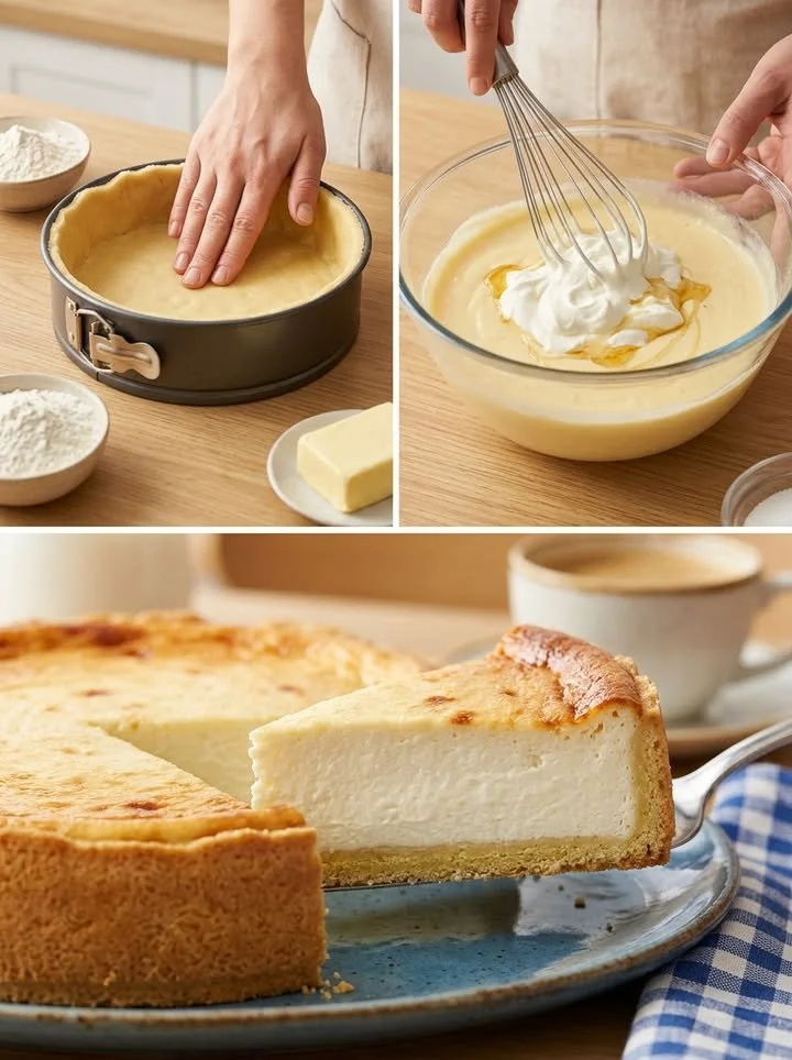 Klassischer Schmandkuchen mit frischer Sahne und fruchtiger Füllung.
