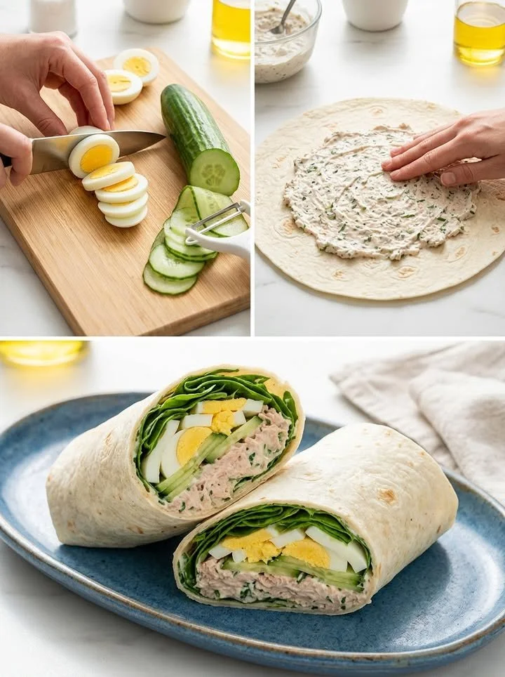 Knackiger Thunfisch-Wrap mit Ei und Gurken-Ribbons für gesunde Ernährung.