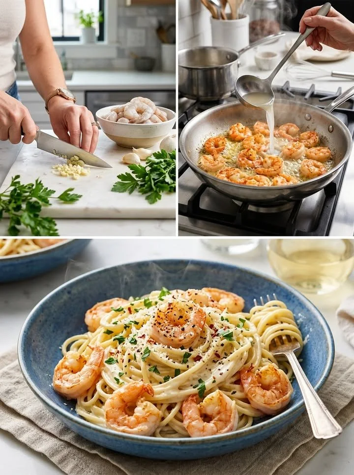 Knoblauch-Frischkäse-Spaghetti mit Garnelen auf einem Teller serviert