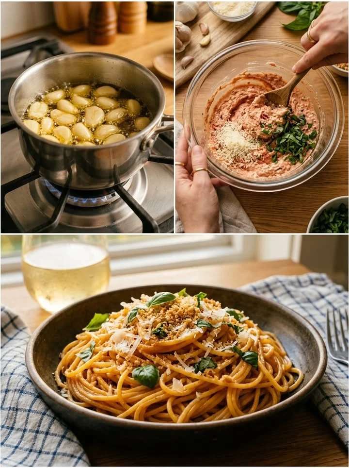 Knoblauchbutter-Pasta mit Tomaten und Basilikum in einer eleganten Schüssel