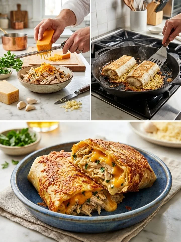 Knusprige Cheddar-Hähnchen-Wraps mit Knoblauch-Parmesan-Kruste