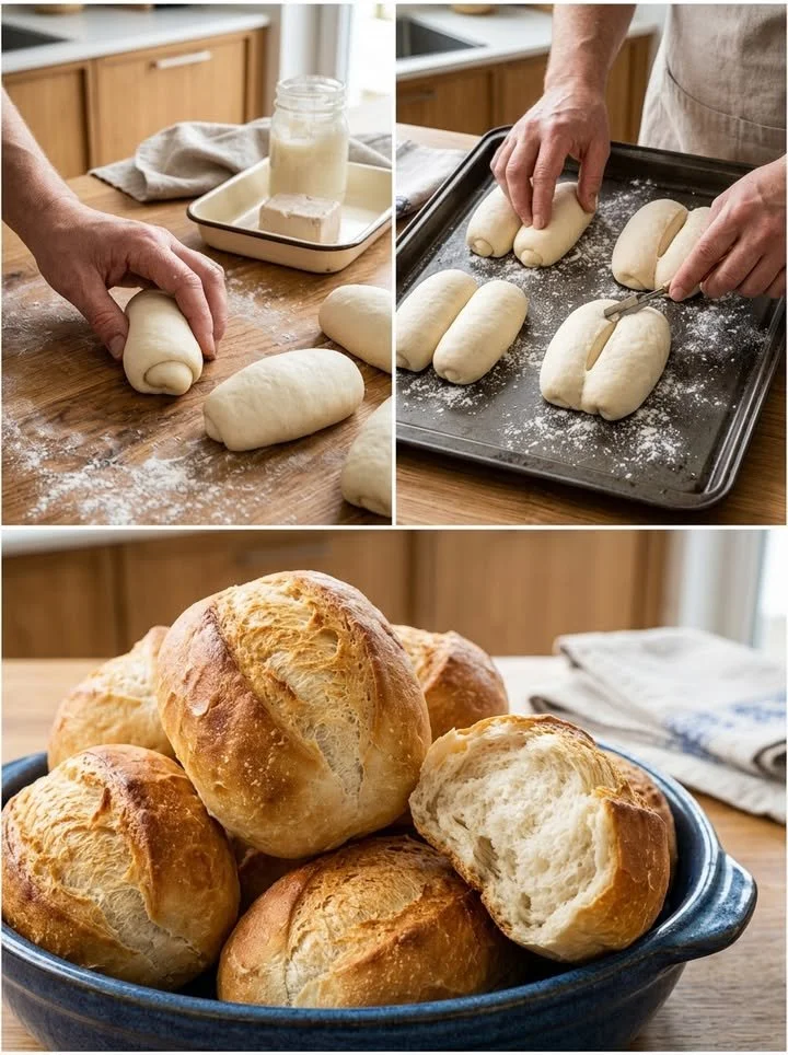 Knusprige DDR-Brötchen frisch gebacken auf einem Küchentisch.