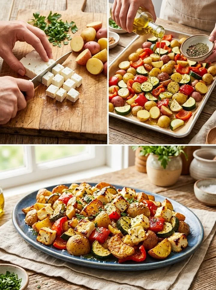 Knusprige Feta-Kartoffeln mit buntem Ofengemüse auf einem weißen Teller