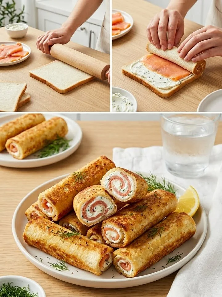 Knusprige Lachs-Toast-Rolls auf einem weißen Teller, perfekt für Snacks und Partys