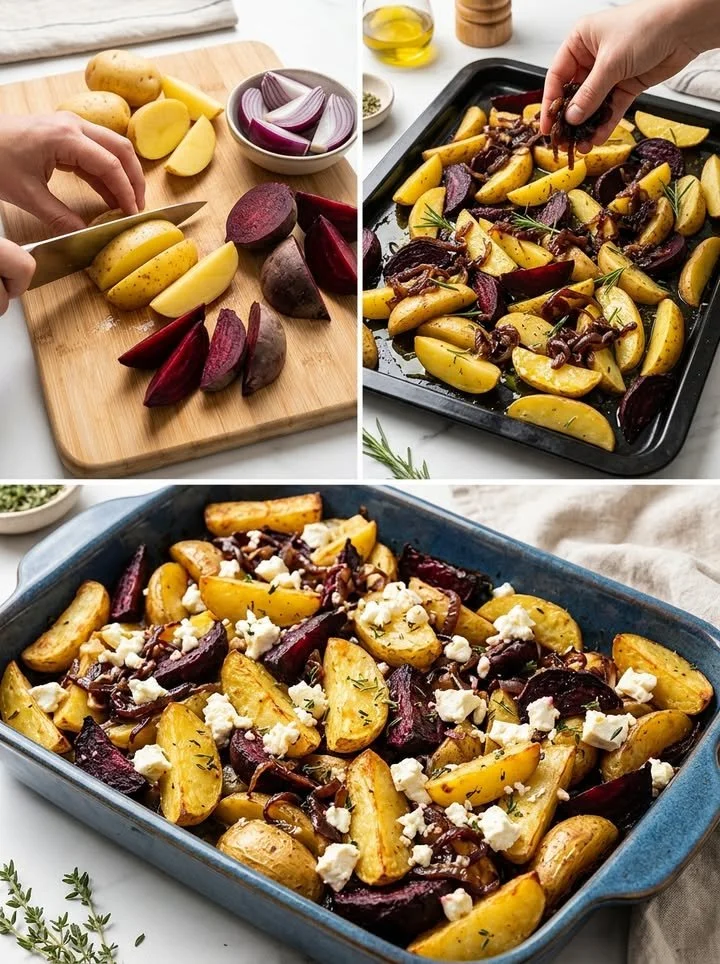 Knusprige Ofenkartoffeln mit Roter Bete und Feta