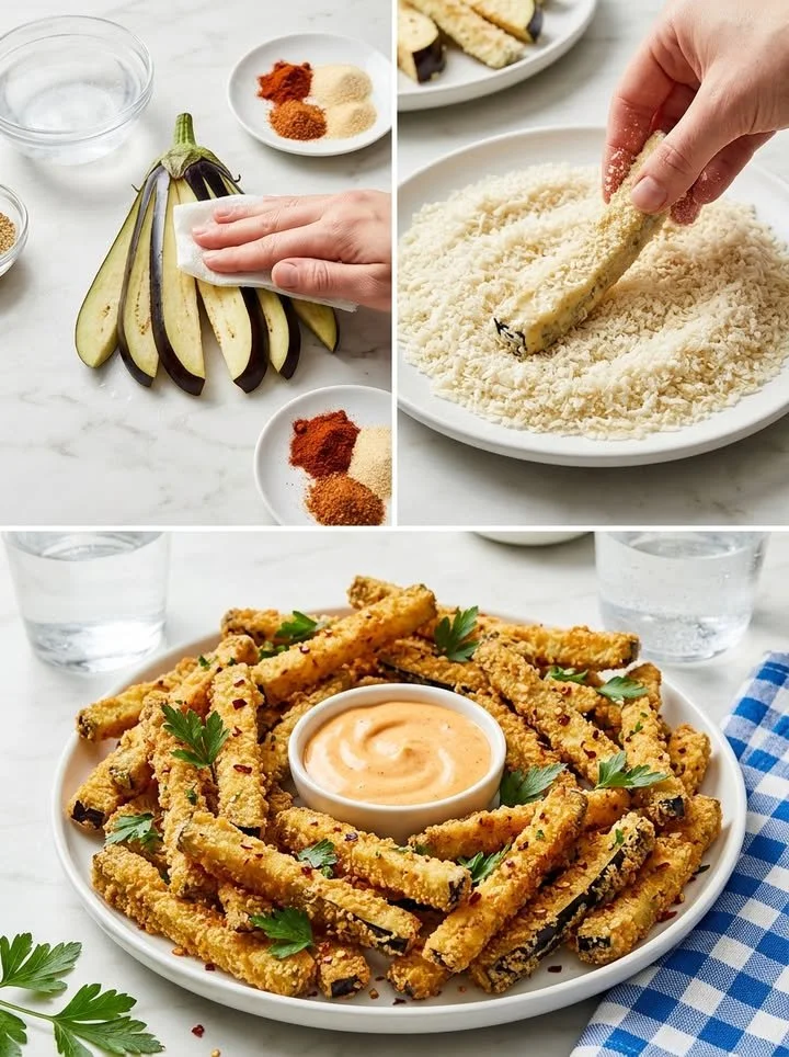 Knusprige Panko-Auberginen-Sticks serviert mit spicy Mayo-Dip