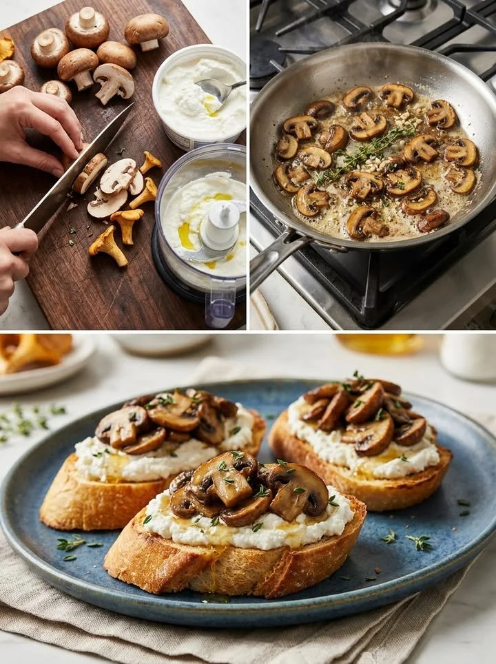 Knusprige Pilz-Crostini mit Kräuter-Ricotta auf einem Teller