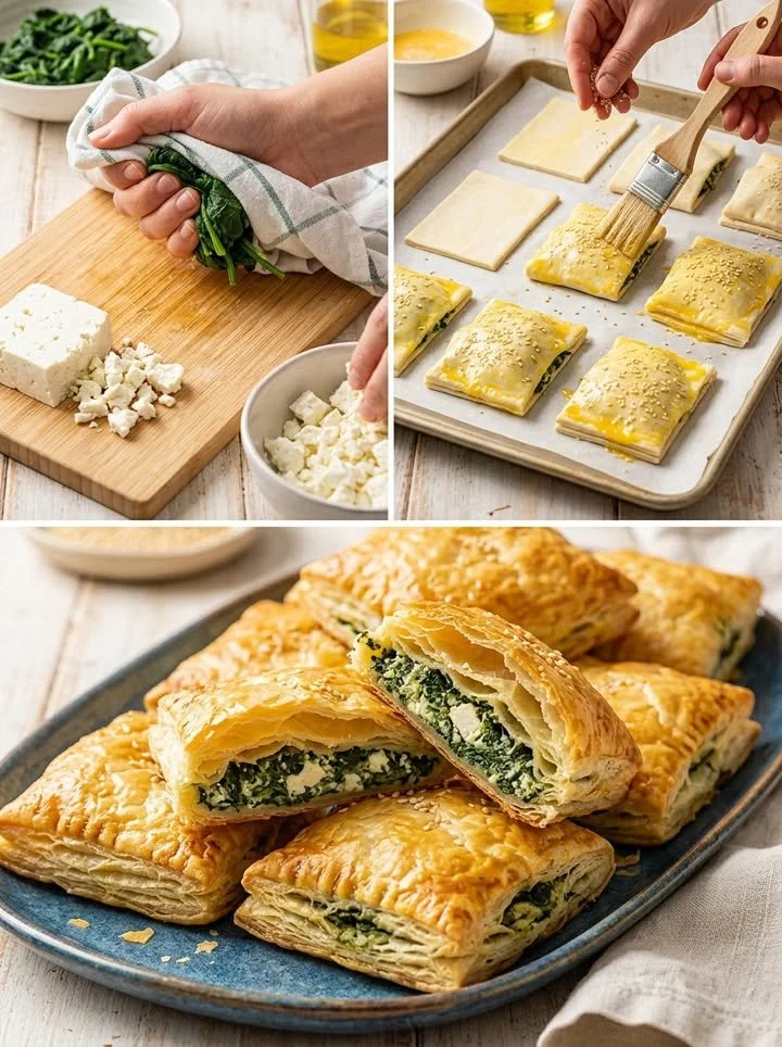 Köstliche knusprige Spinat-Feta-Ecken auf einem Teller serviert