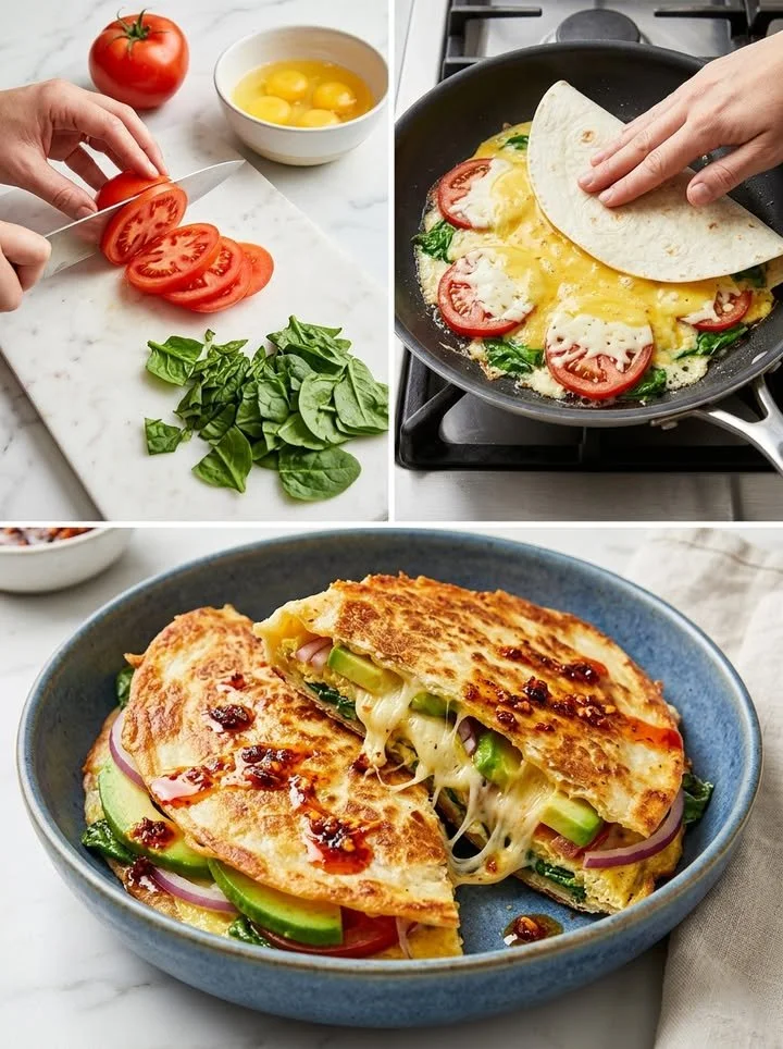 Knusprige Tomaten-Avocado-Ei-Quesadilla auf einem Teller serviert
