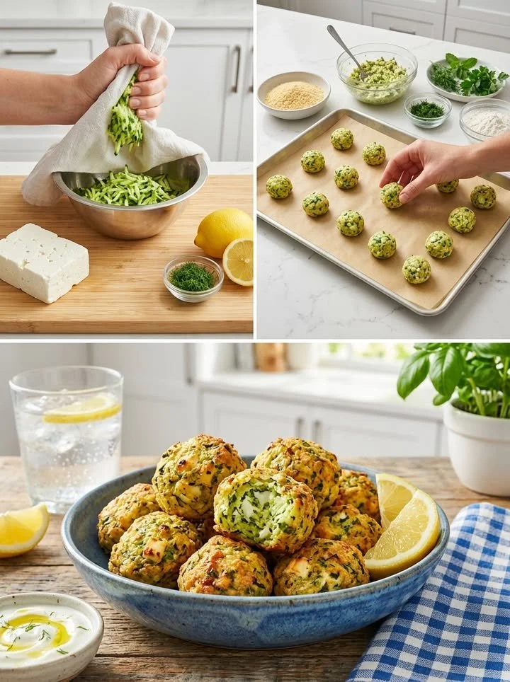Knusprige Zucchini-Feta-Bällchen auf einem Teller serviert