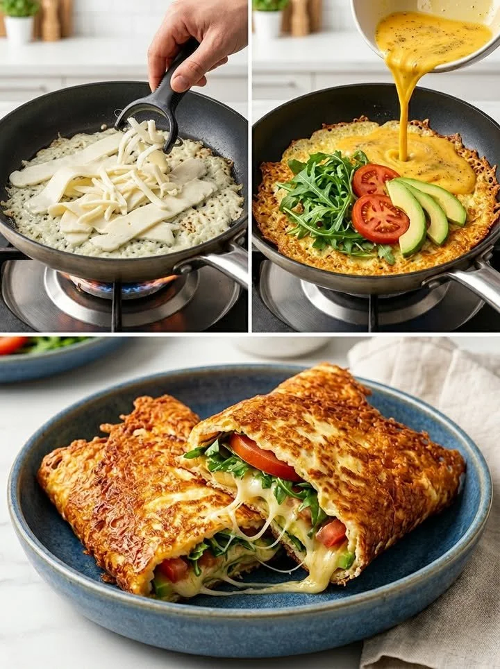 Knuspriger Halloumi-Ei-Wrap auf einem Holzbrett