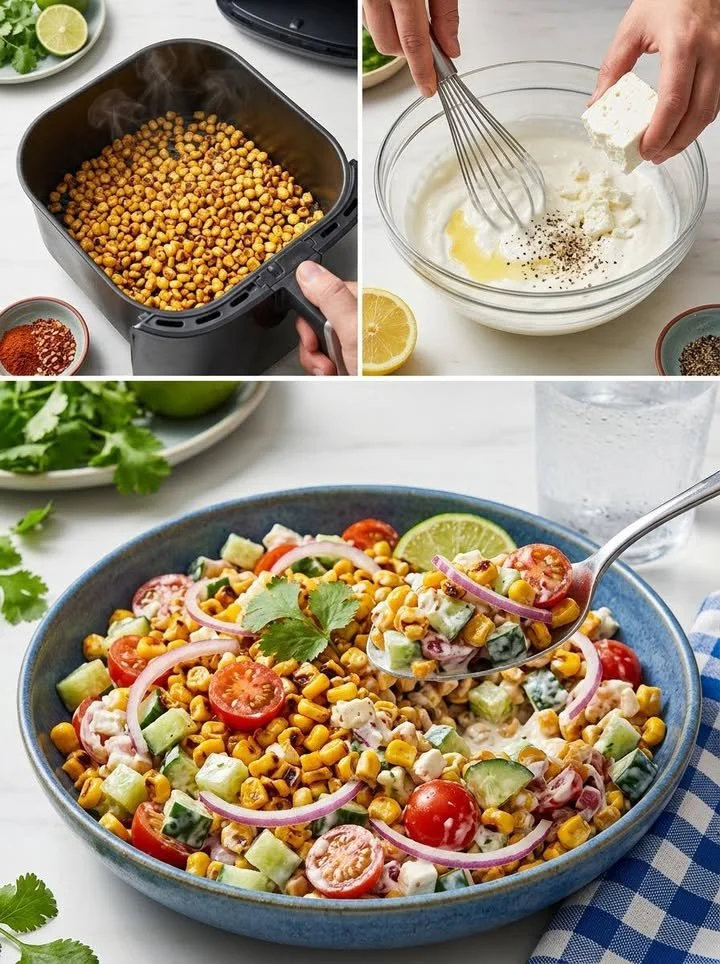 Knuspriger Mais-Salat mit Skyr-Dressing und Feta auf einem Holzbrett