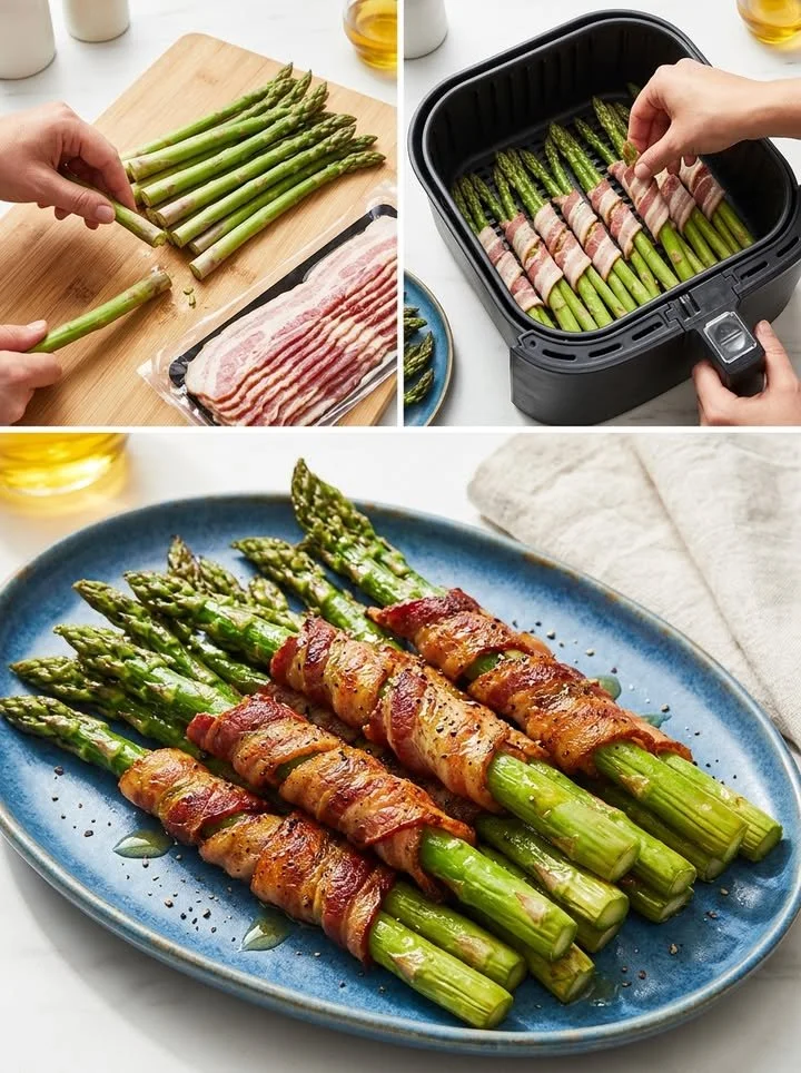 Knuspriger Spargel im Speckmantel aus dem Airfryer, serviert auf einem Teller.