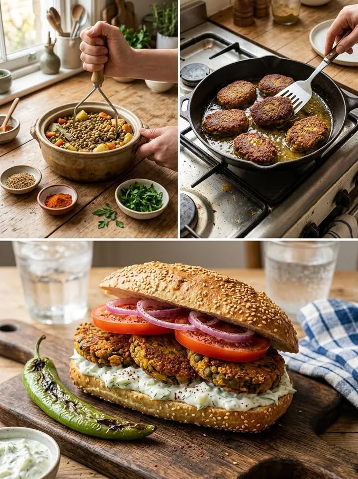 Knuspriges Linsen-Gemüse-Sandwich mit buntem Gemüse und Linsenfüllung