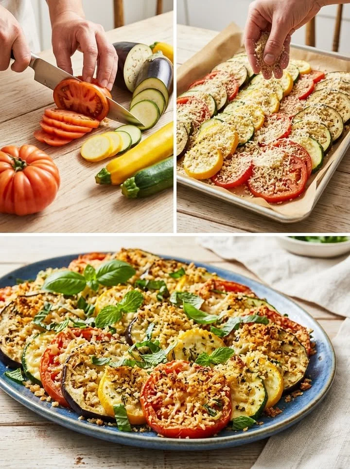 Knuspriges Regenbogen-Ofengemüse mit goldener Kräuter-Parmesankruste frisch zubereitet