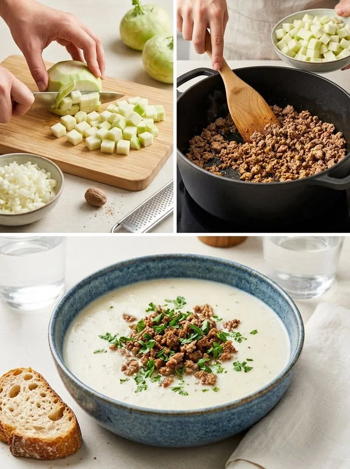 Kohlrabi-Suppe mit Hackfleisch in einer Schüssel serviert