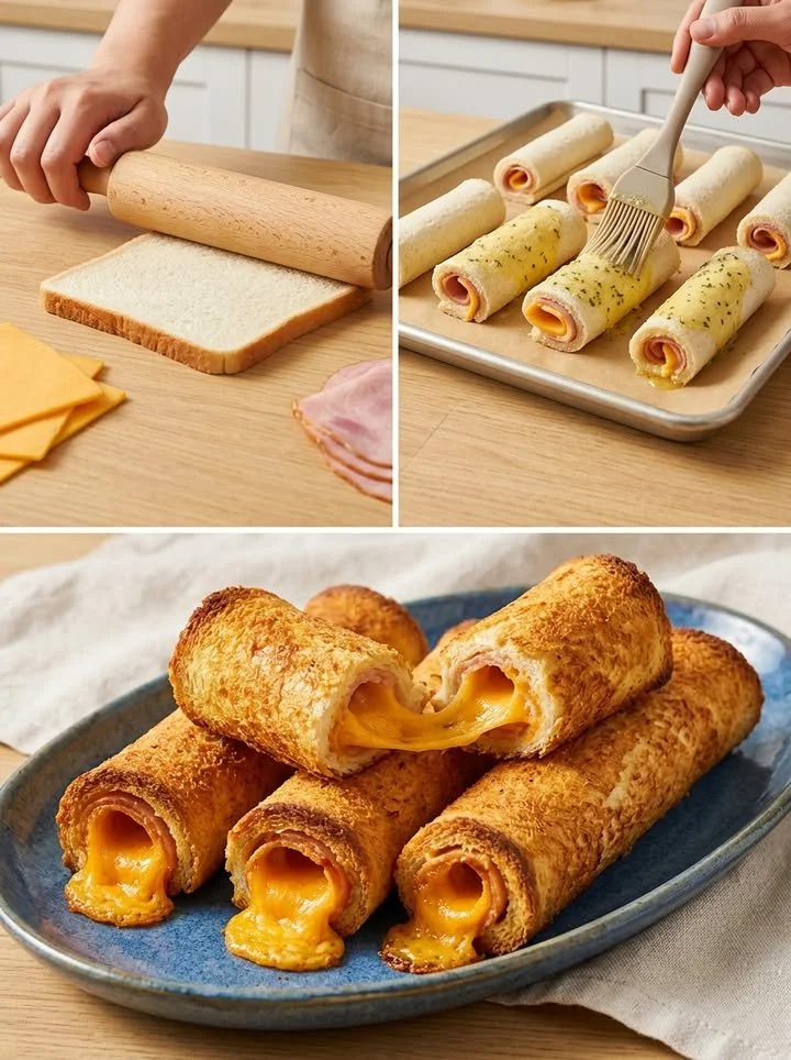 Leckere und krosse Schinken-Käse-Toaströllchen auf einem Teller