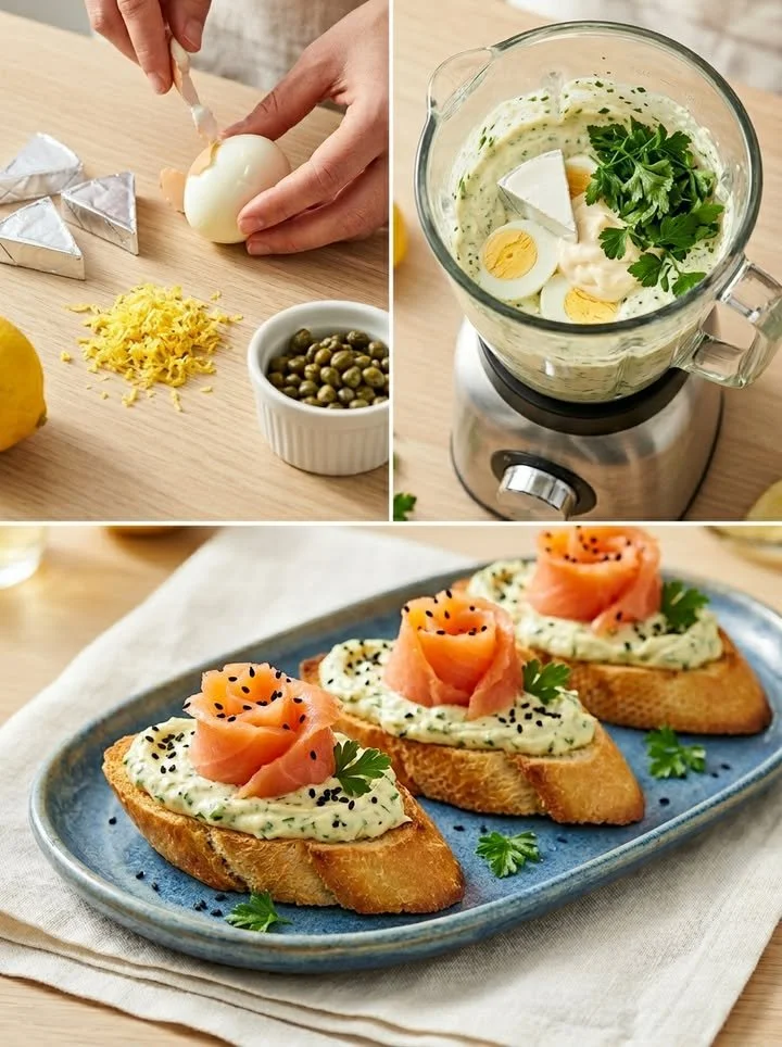 Krosse Lachs-Crostini garniert mit Zitronen-Kapern-Ei-Mousse auf einem Teller