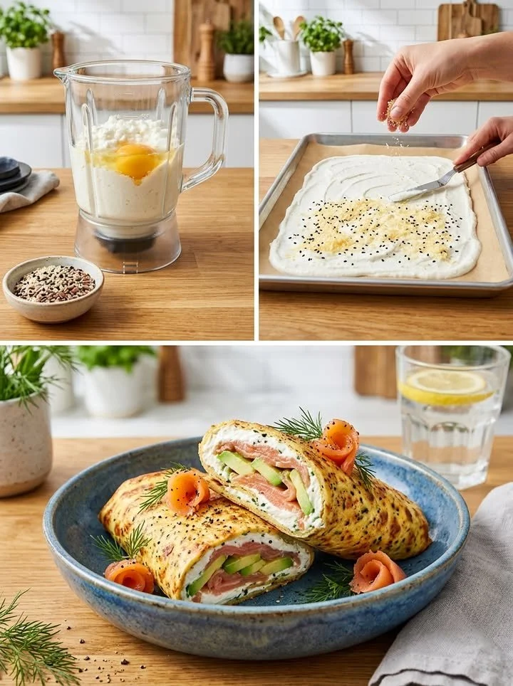 Lachs-Avocado-Wrap aus Hüttenkäse-Teig auf einem Teller