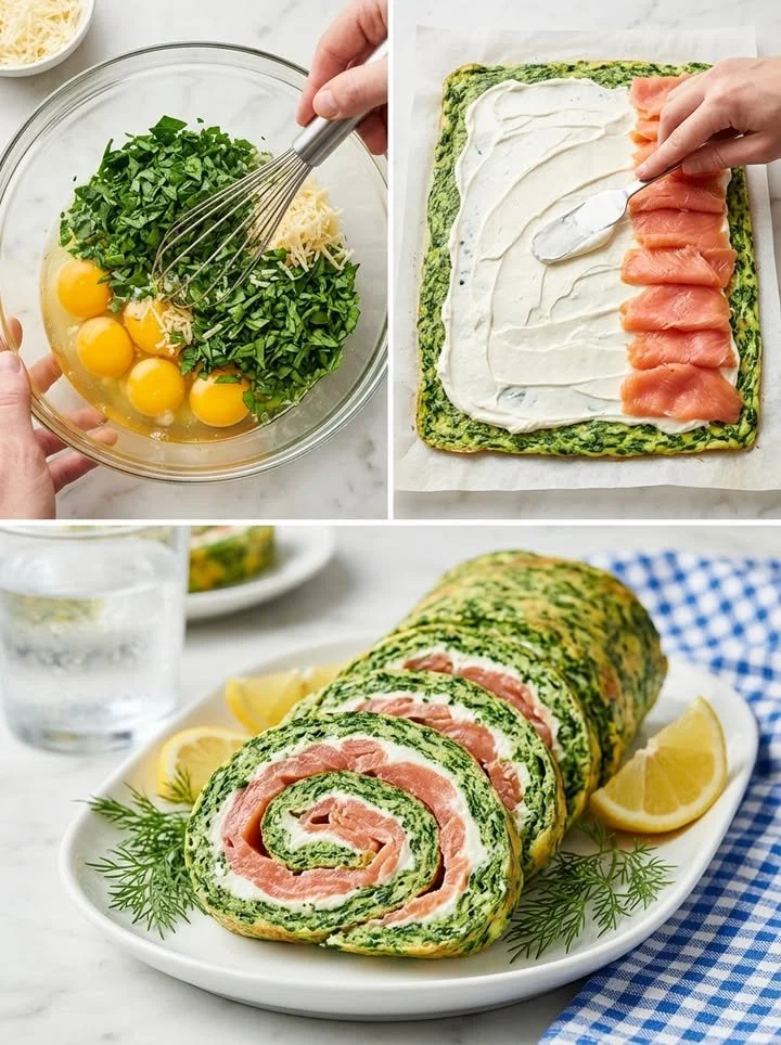 Lachs-Rolle mit Spinat und Frischkäse auf einem Teller angerichtet.