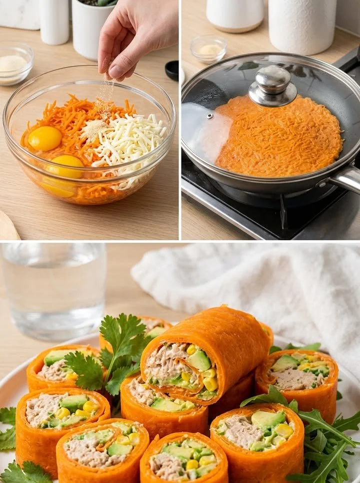 Low Carb Karottenrollen auf einem Teller serviert.