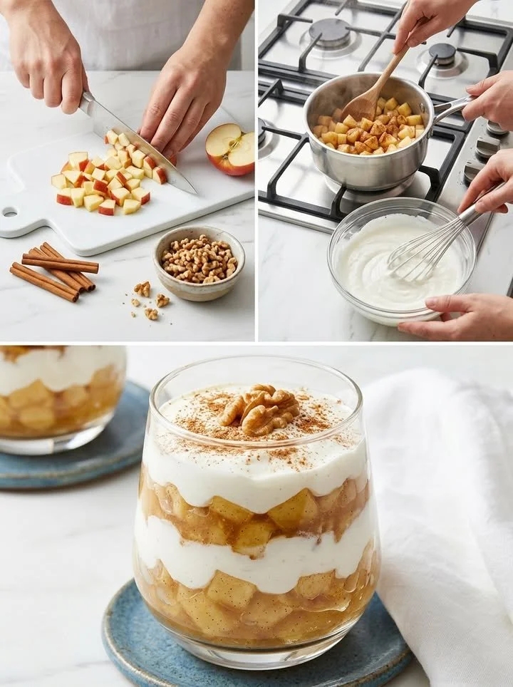 Low-Carb geschichtetes Dessert mit Äpfeln und Zimt in einer eleganten Schüssel