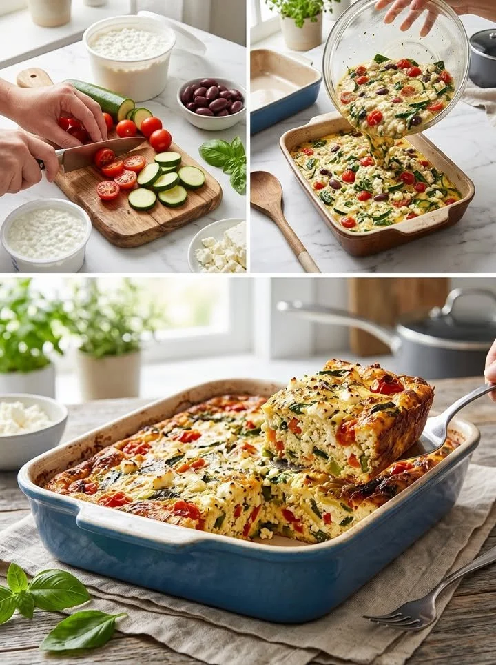 Mediterraner Gemüseauflauf mit Hüttenkäse und frischen Zutaten für ein gesundes Gericht.