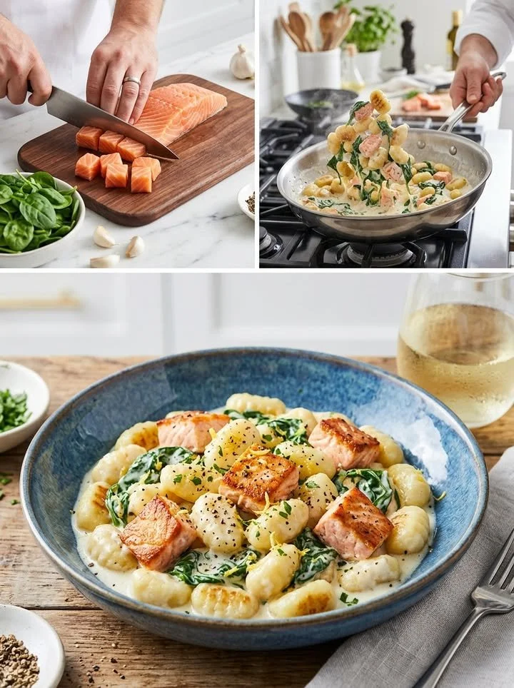 Mediterranes Lachs-Gnocchi Gericht mit frischen Zutaten