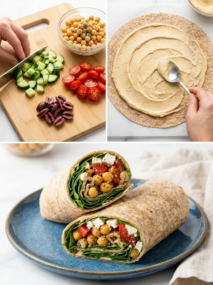 Mediterraner Kichererbsen-Veggie-Wrap mit frischem Gemüse und Hummus