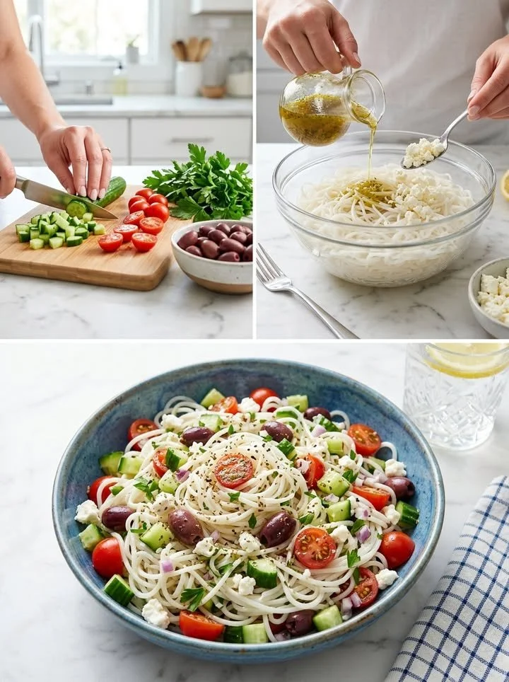 Mediterraner Reisnudelsalat mit frischem Gemüse und Dressing