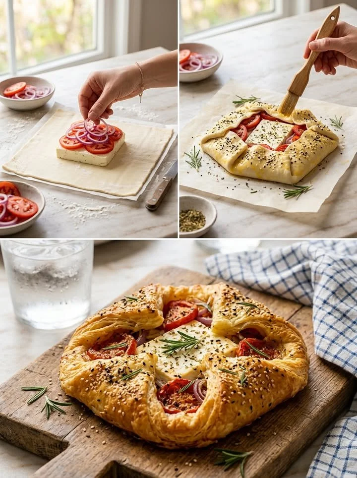 Mediterranes Blätterteig-Päckchen mit Feta und Tomaten, frisch gebacken und knusprig