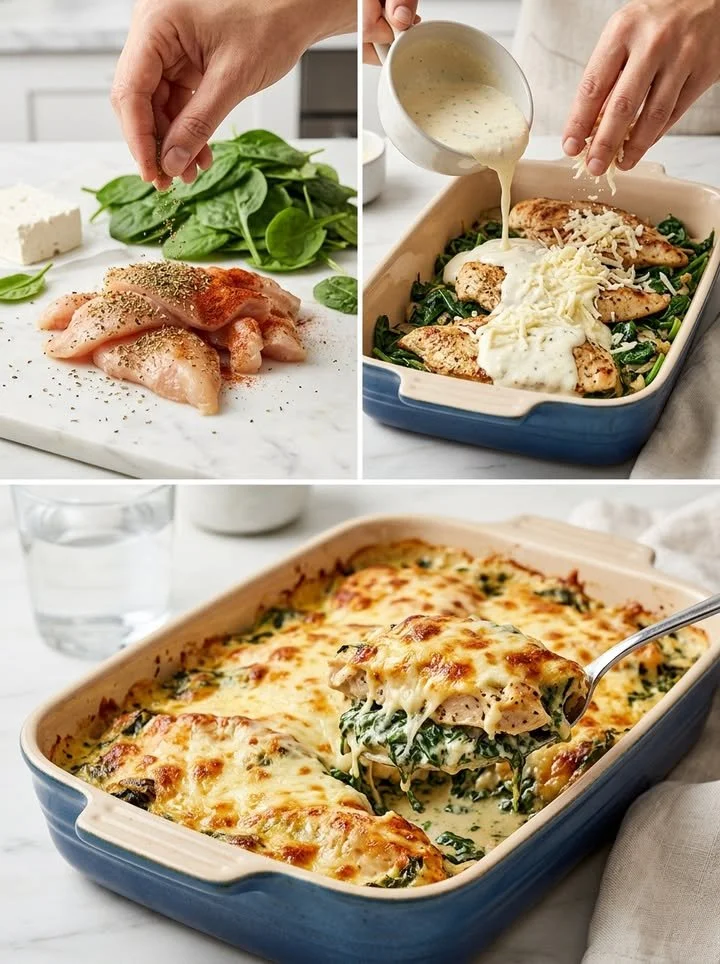 Cremiger Hühnchen-Spinat-Auflauf mit Feta aus dem Ofen