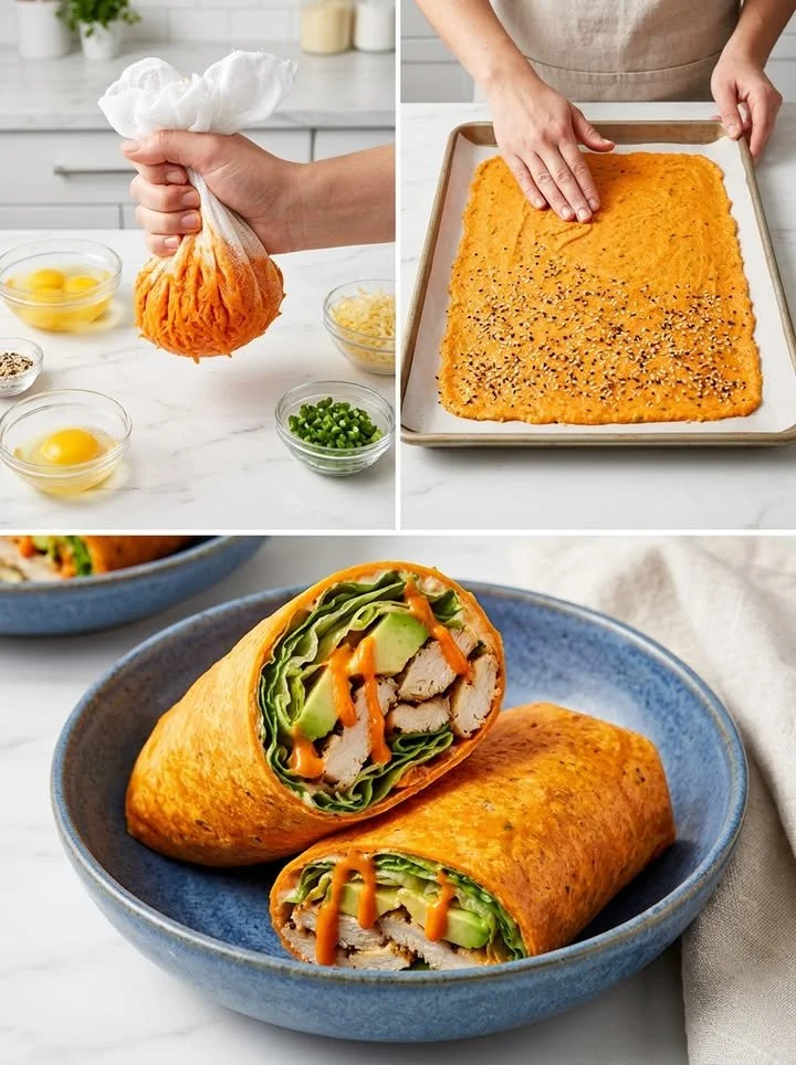 Gebackener Karotten-Wrap mit frischen Zutaten und knackigem Gemüse