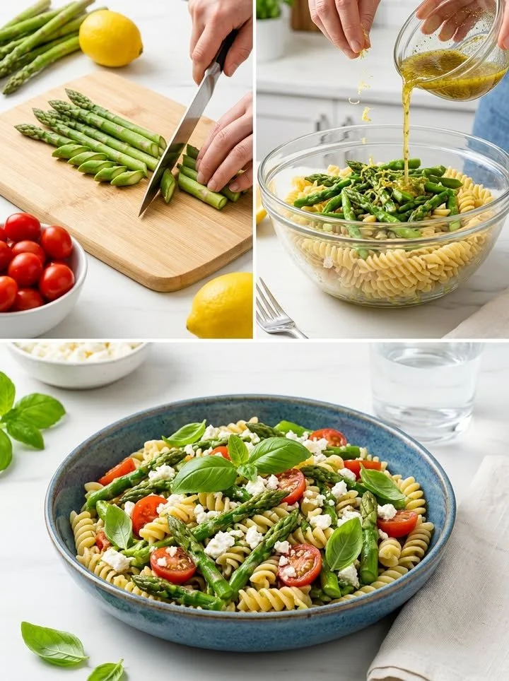 Nudelsalat mit grünem Spargel und Zitrone, ein gesundes Rezept für den Sommer.