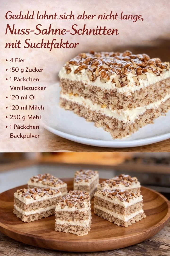 Nuss-Sahne-Schnitten Rezept mit Nüssen und Sahne-Topping
